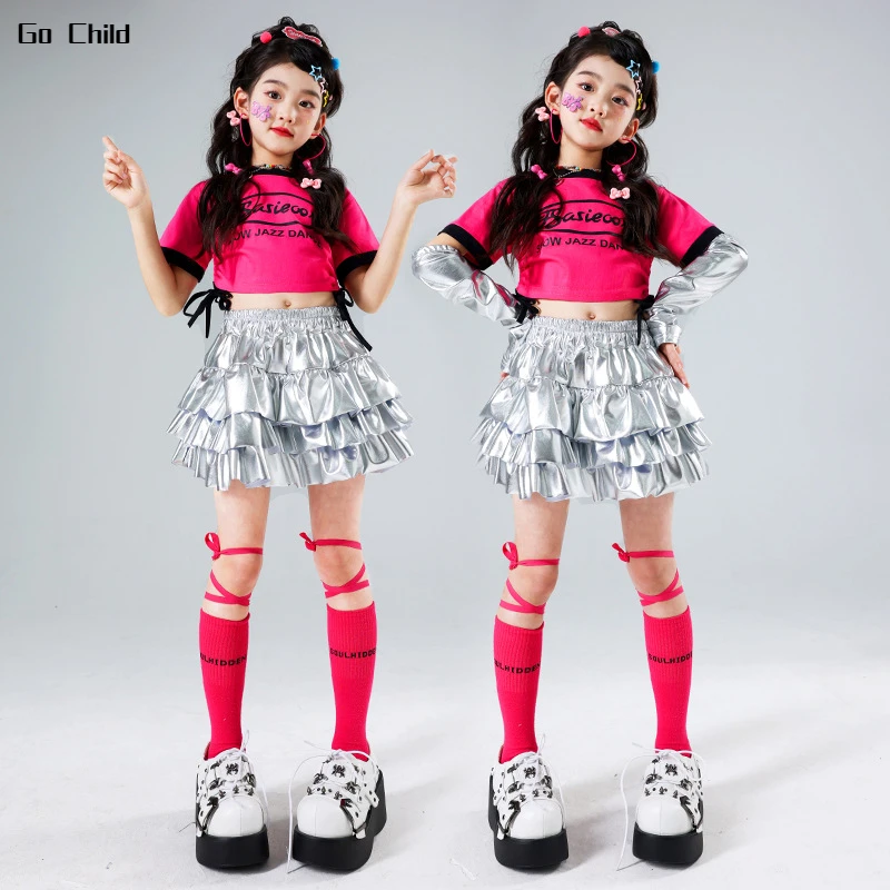 

Girls Lovely Streetwear Hip Hop Crop Top Silver Tiered Skirts Child Printed T-shirt Clothes Sets Kids Street Dance Jazz Costumes