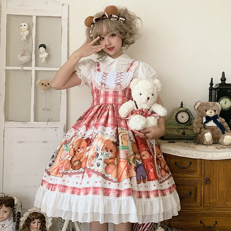 

Victorian Sweet Lolita Jsk Dress Strawberry Cartoon Cute Rabbit Print Suspenders Dress Japanese Summer Girl Kawaii Party Dresses