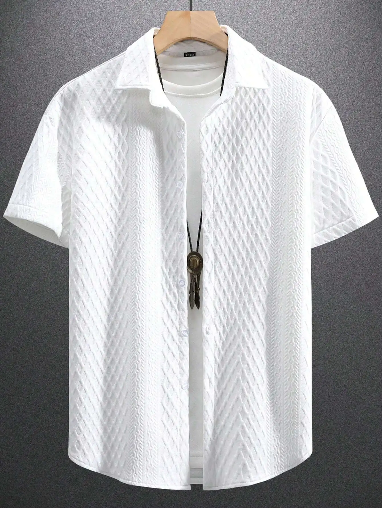 

Men's White Textured Short Sleeve Casual Shirt with Geometric Pattern