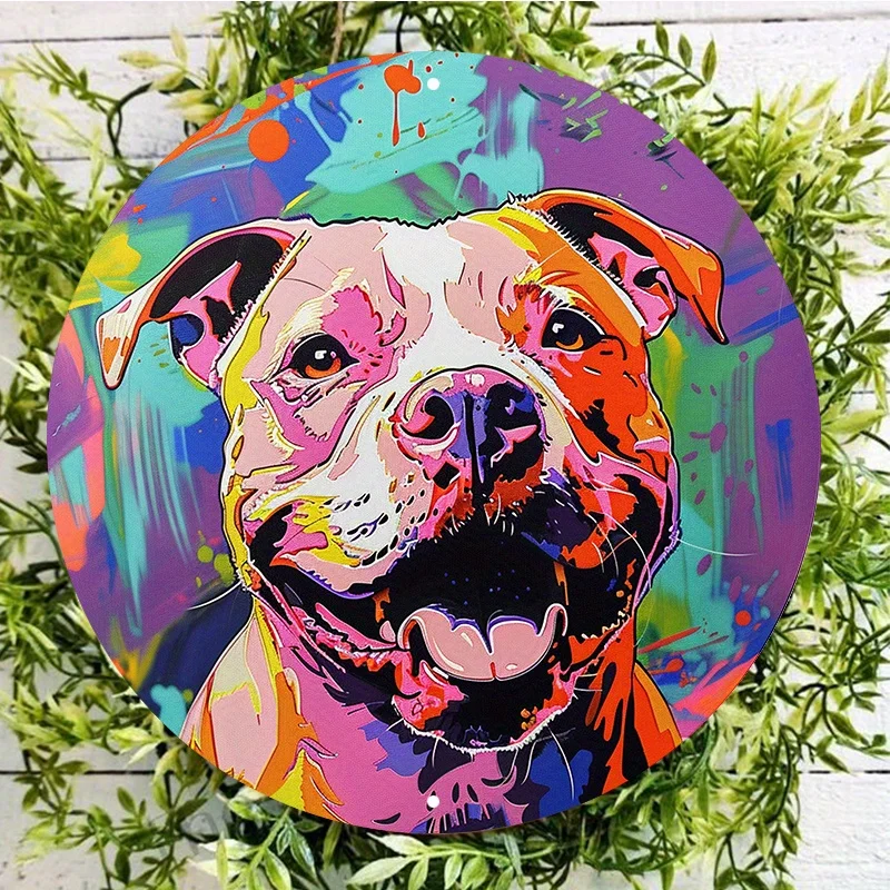 

Colorful Pitbull Dog Portrait Round Aluminum Wall Sign, UV and Scratch Resistant, Easy-Hang Decoration, Wall Art, Home Decor