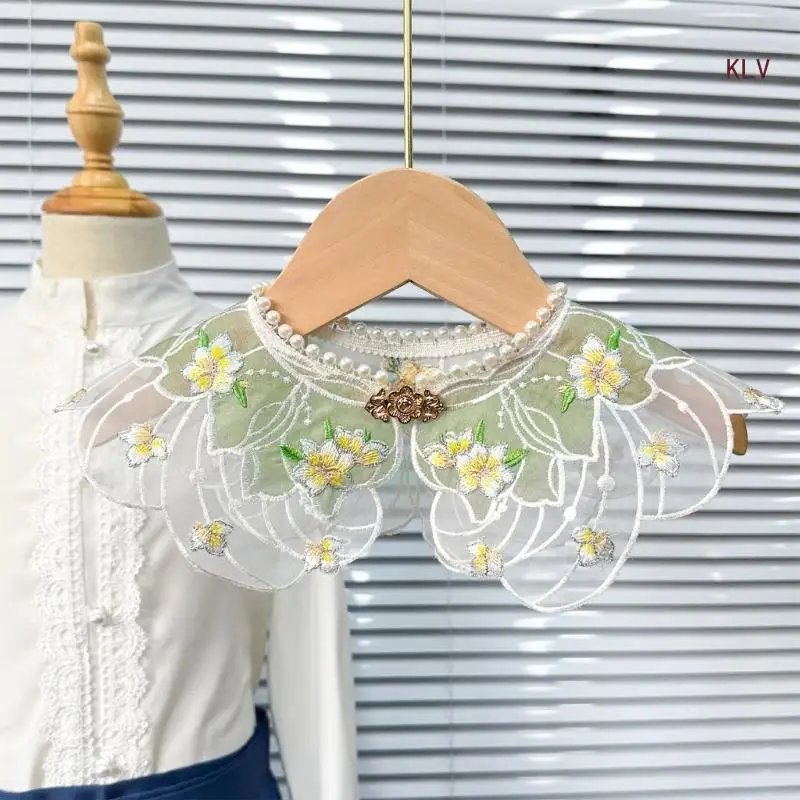 

Elegant Embroidered Lace False Collar Girls Shirt Sewing Supplies Lace Collar Shawl with Pearl Beads Adjustable Size