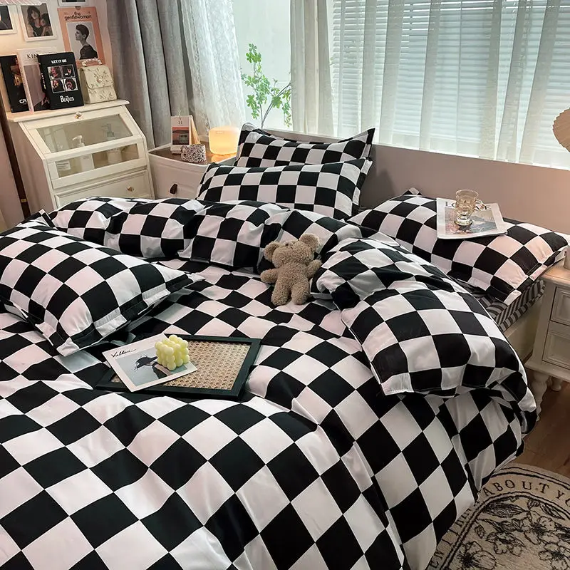 

Checkerboard Bedding Set No Comforter Quilt Duvet Cover Pillowcase Flat Sheet Single Queen Size Polyester Bedclothes