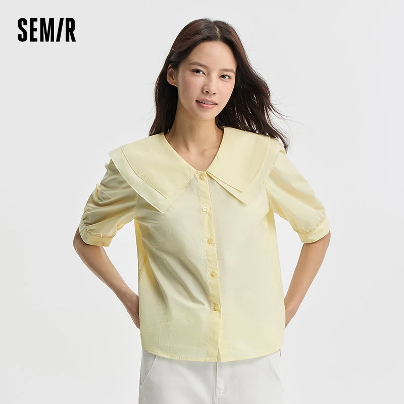 Semir Short-Sleeved Shirt Female Large Lapel Blouse Playful Gentle Literary Temperament Summer Cotton Shirt Simple Versatile