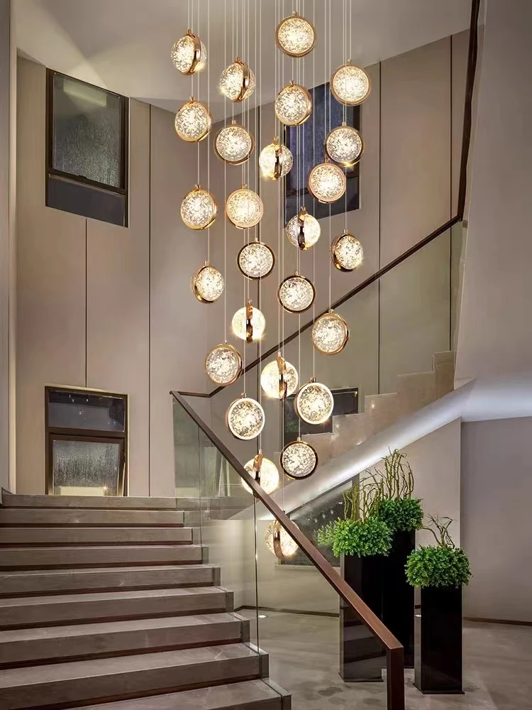 Modern crystal stair chandelier Light luxury villa duplex living room lobby bubble ball rotating LED bubble long hanging light