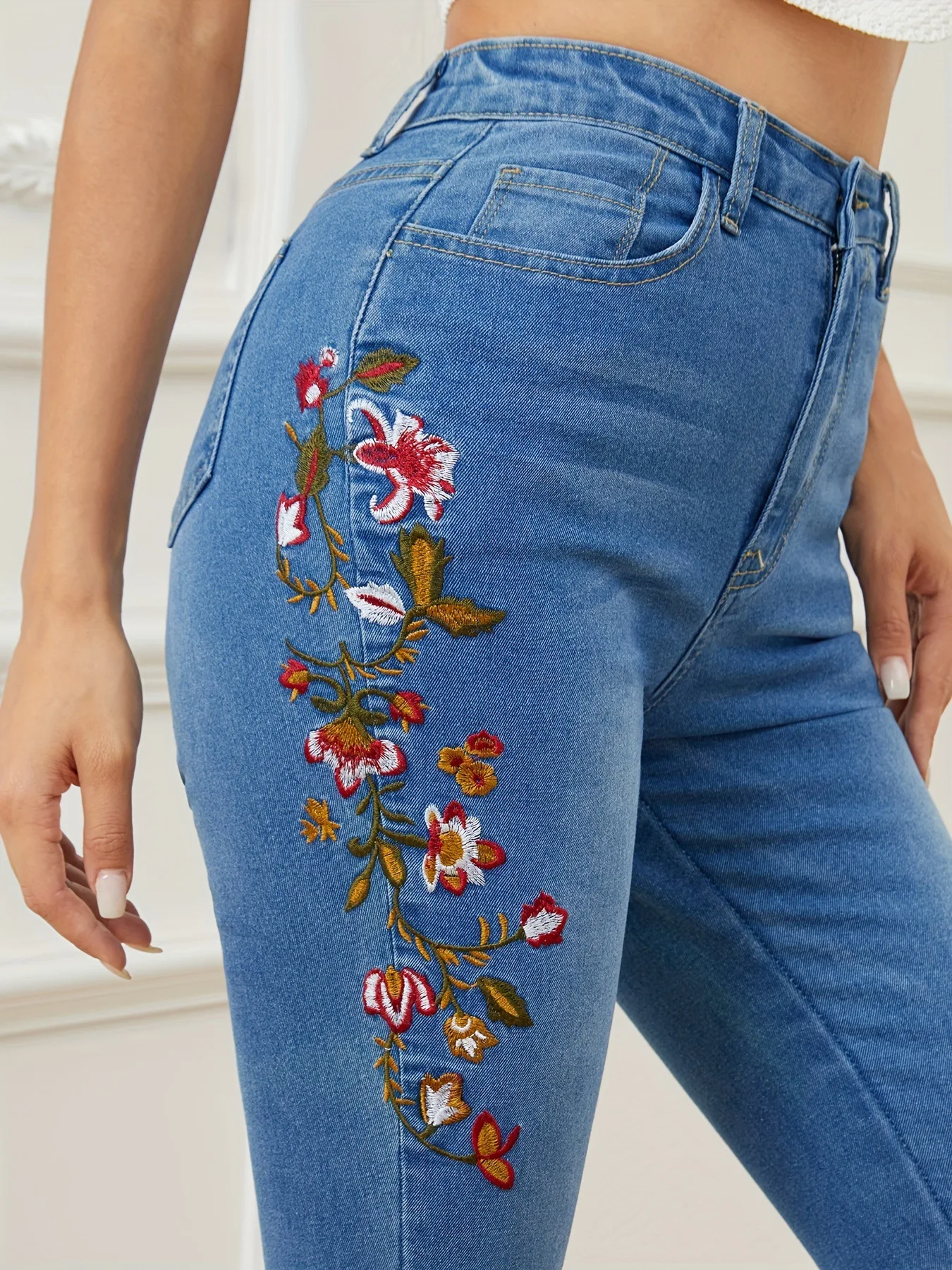 2023 Winter New High Waist Embroidered Jeans for Women Fashionable Stretch Slim Ankle-Length Denim Pencil Pants S-XL