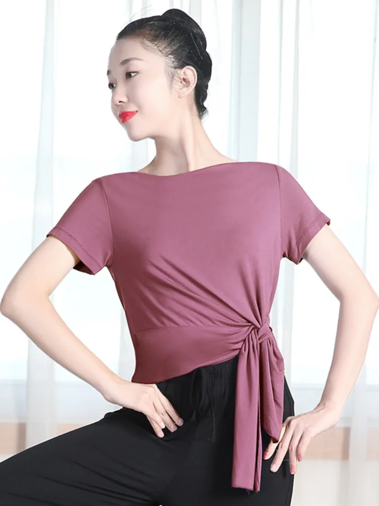 Solid Color Latin Dance Practice Tops Sports Costume Women Waltz Classical Bandage Competition Belly Wear Irregular Jazz T-shirt