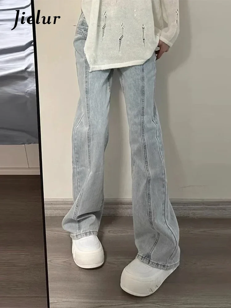 

Jielur High Street светло-голубые тонкие женские джинсы винтажные прямые повседневные однотонные женские брюки-клеш модные офисные женские брюки
