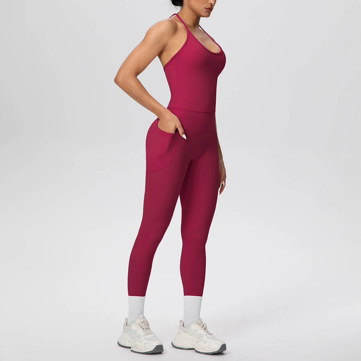Rooftrellen Woman Yoga Set Gym Sports Peach Buttocks Pockets Pants Outdoor Running Quick Drying Summer Backless Yoga Vest Set
