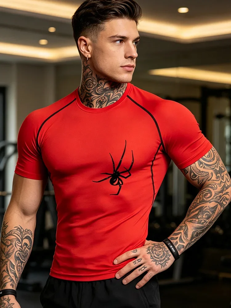 Men's new spider-printed compression T-shirt, quick-drying short-sleeved top, fitness and outdoor sport shirt -J37