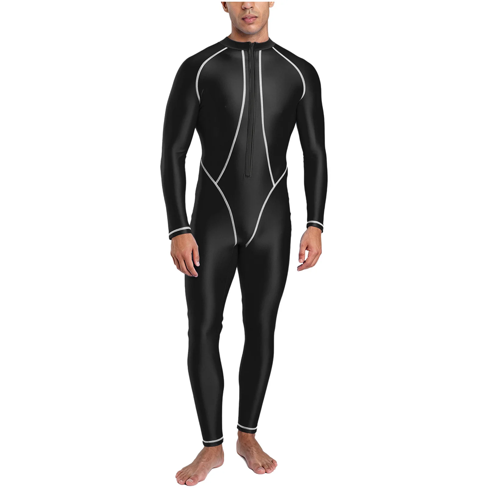 Herren-Rashguard-Badeanzug mit Vollkörperabdeckung, Stehkragen, langen Ärmeln, langen Hosen, glänzender Einteiler-Badeanzug – Detail 6
