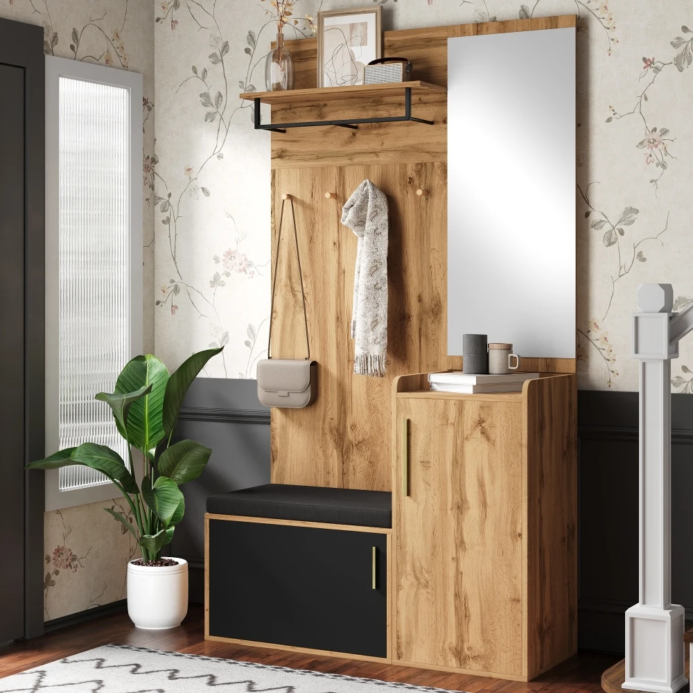 PINGGO Kompakter Kleiderschrank mit Spiegel und Sitzfläche, Kleiderschrank mit Schuhregal und Haken, kompakter Kleiderschrank, der an der Wand bohren muss – Detail 8