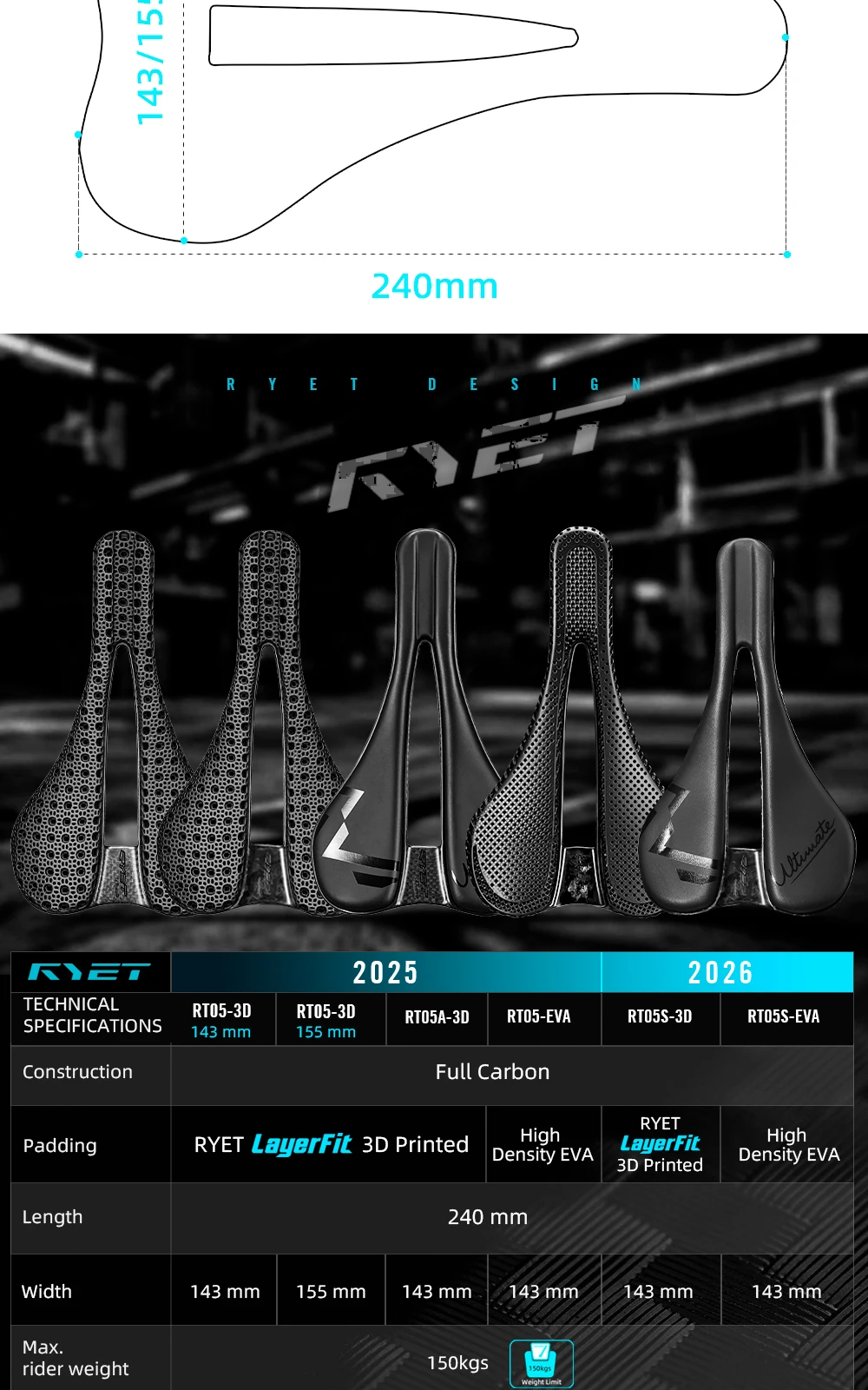 RYET RT05S 3D-Gedruckter Carbon-Fahrradsattel 143mm/155mm 7*9 EVA Triathlon Rennrad MTB Gravel Radsitz Ergonomischer Fahrradsitz – Detail 4