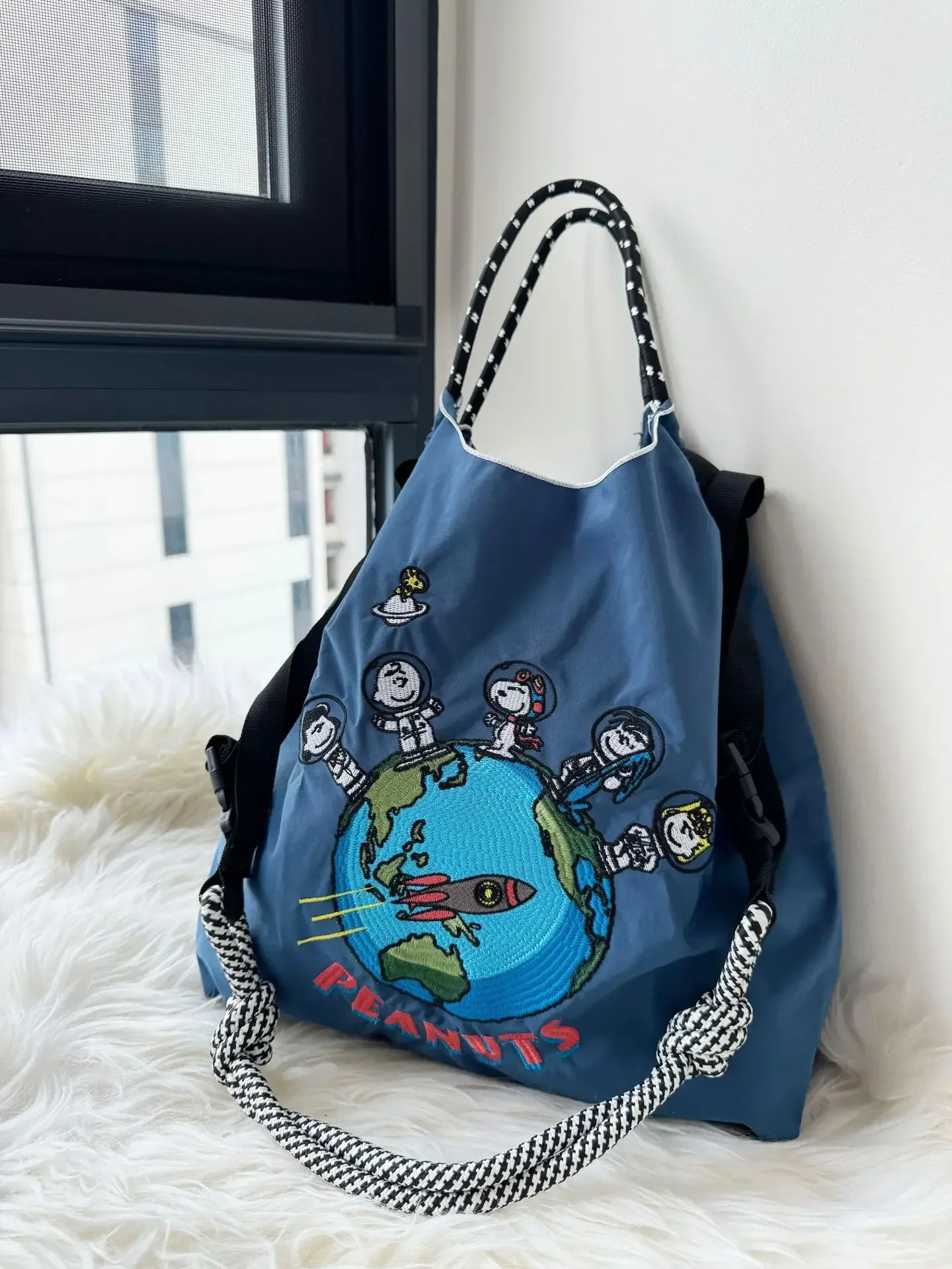 

Snoopy Embroidered Nylon Shopping storage Bag Large Capacity Nylon Handbag messenger Shoulder Cross Body Bag