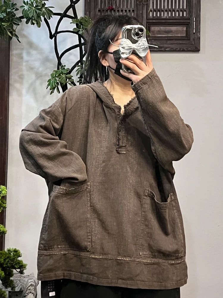 Amax LuluE Korean Spring Womens Hooded T-shirts Fashion Loose Casual Tops Ladies Classic Big Size Vintage Cotton Linen Clothes