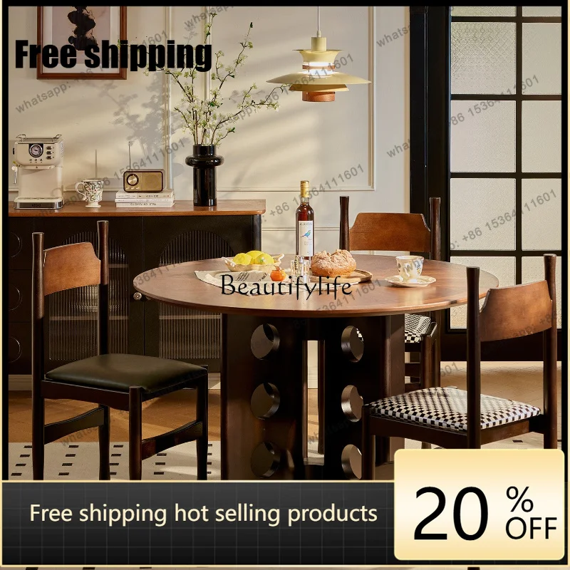 Factory DirectVintage Style Dining Table All Solid Wood Living Room Home Use French Retro Round Shape
