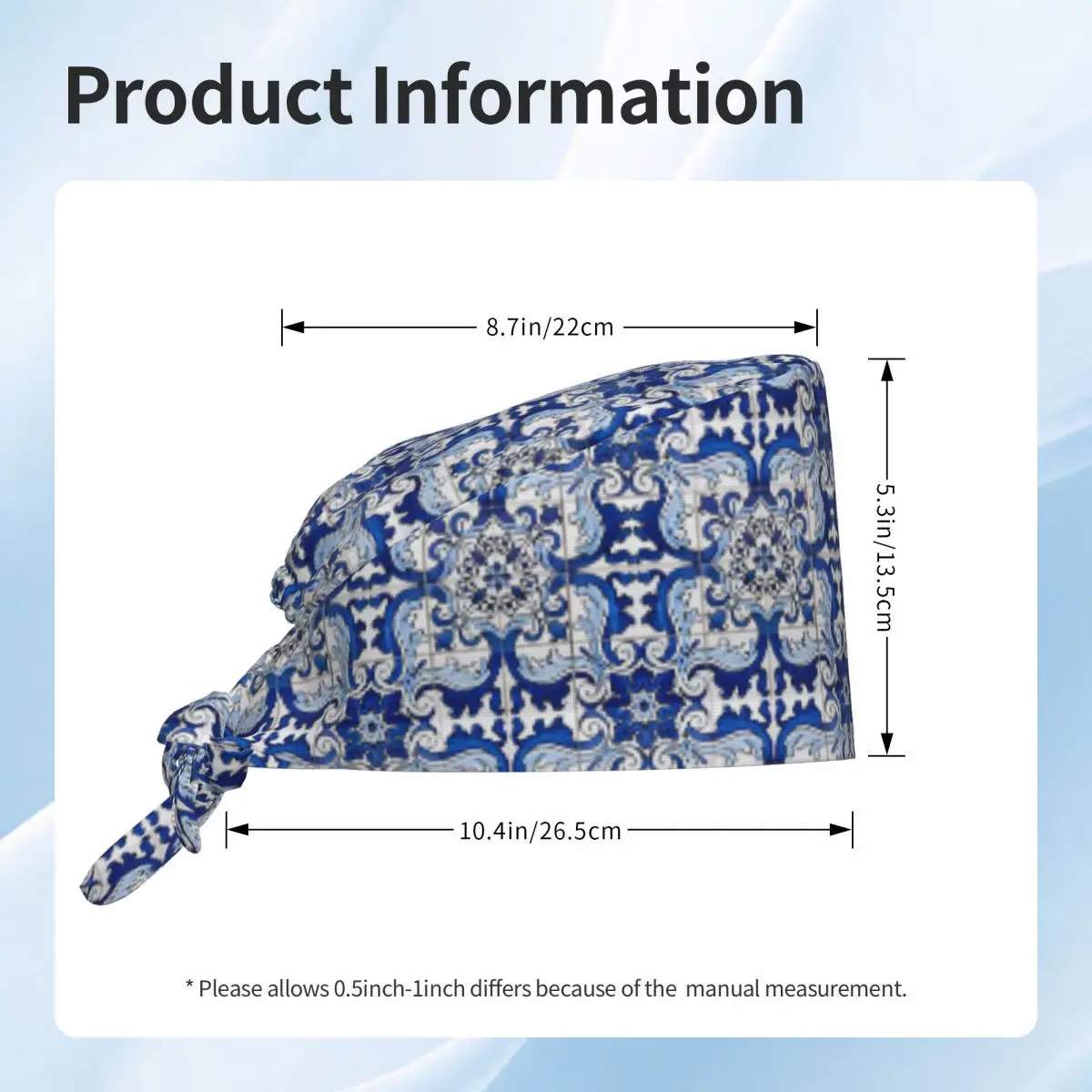 Antique Classic Lisbon Blue Azulejo Tile Floral Scrub Hat Doctor Working Surgical Cap Unisex Adjustable Nursing Caps for Dentist
