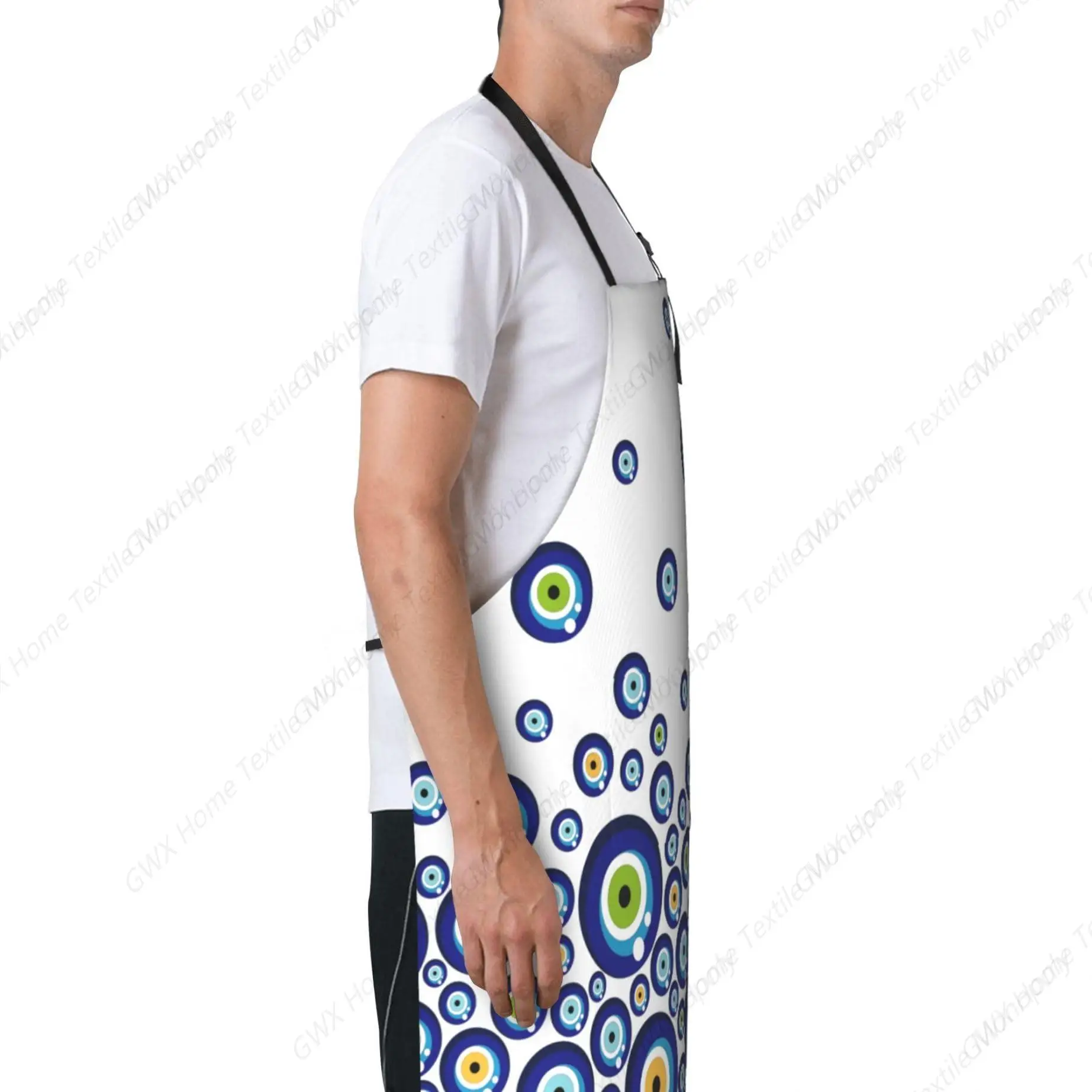 Delantal de cocina con bolsillo para hombre y mujer, mandil de tela Oxford con diseño de ojo de pavo azul, babero ajustable