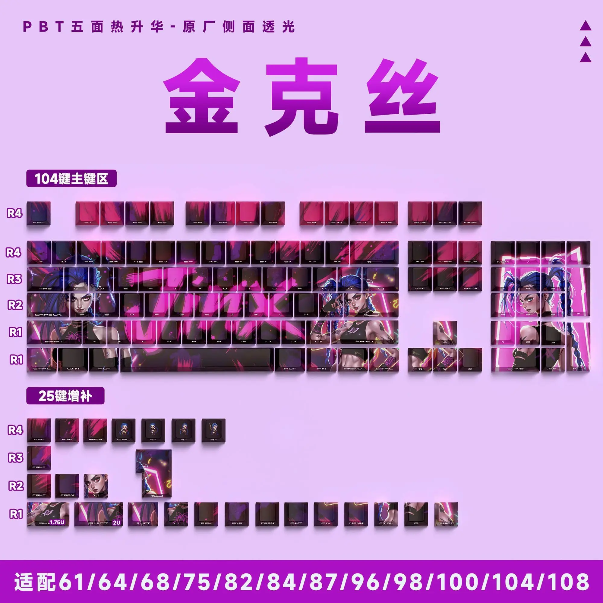 

129 клавиш LOL Jinx KeyCap для киберспортивных игр PBT Cherry, прозрачные индивидуальные колпачки с боковым принтом для механической клавиатуры Wooting60he