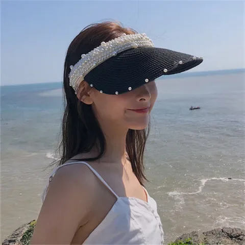 Brand Oohmy Women Girls Sun Visor Hat Wide Brim Straw Beach Caps Adjustable Summer UV Protection Faux Pearls for Travel