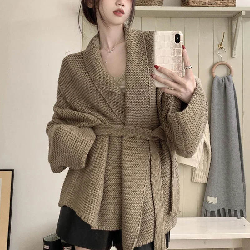 Autumn Winter V-neck Loose Casual Belt Waist Cardigan Sweater Ladies Solid Color All-match Knitting Coat Women Vintage Outwear