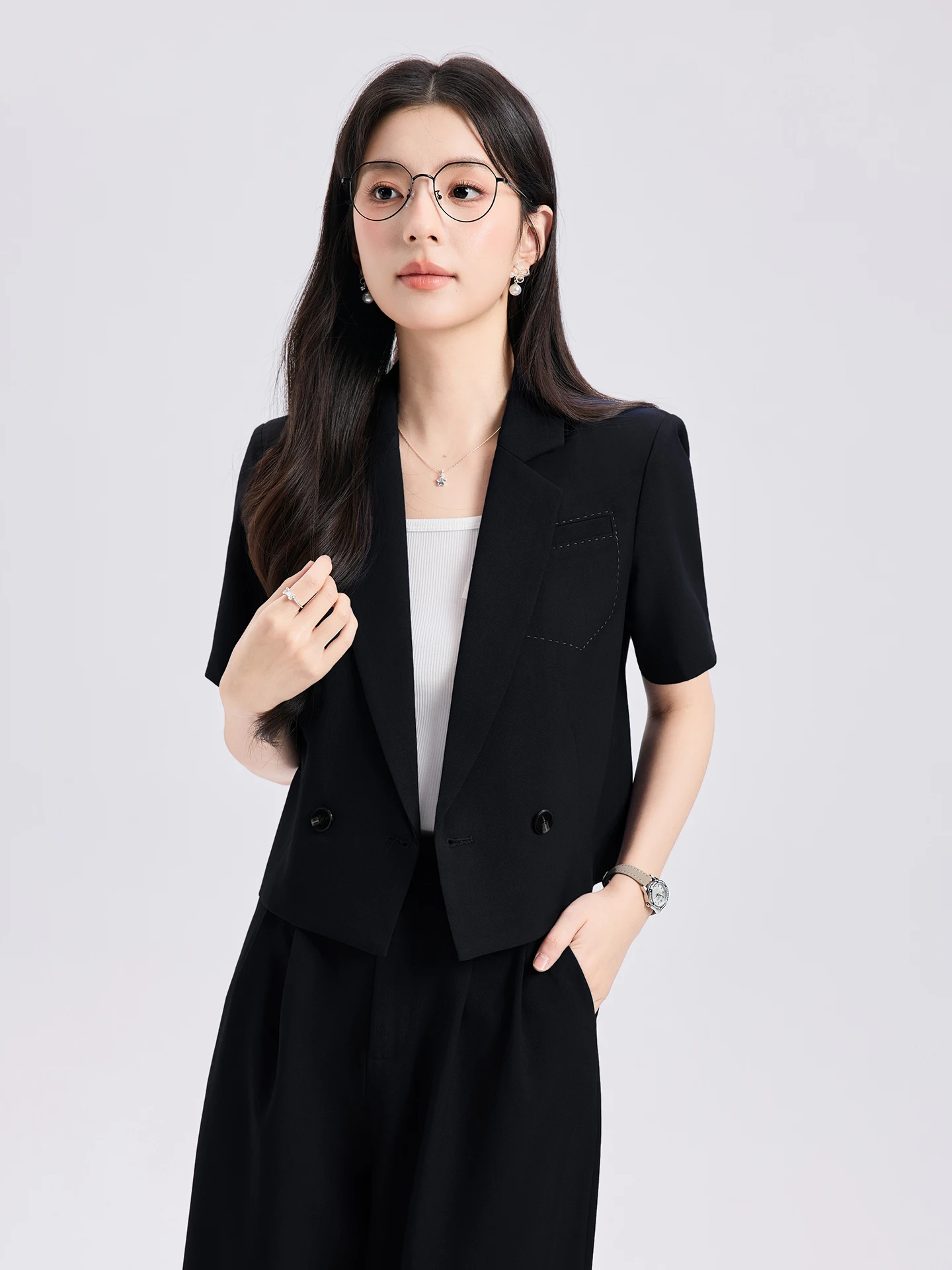 Women's Interview Suit Slim Fit Fashionable Thin Polyester Fiber Short Sleeve Button up Professional Workwear Commute Wear