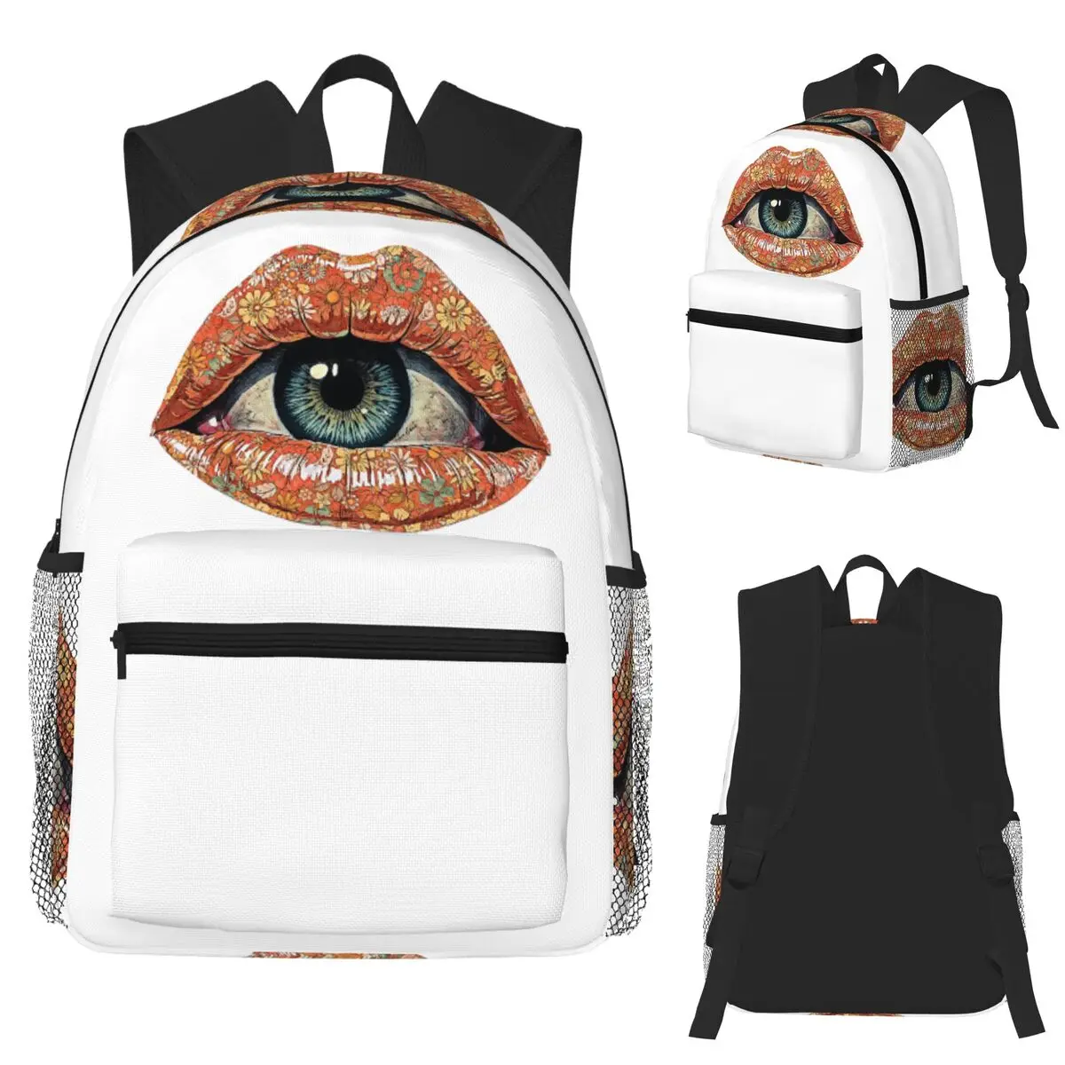 

Bohemian Gaze Floral Lips And Deep Blue Eye Student Backpack School Bag Hiking Travel Daypack Fashion Bookbag Shoulder Bags