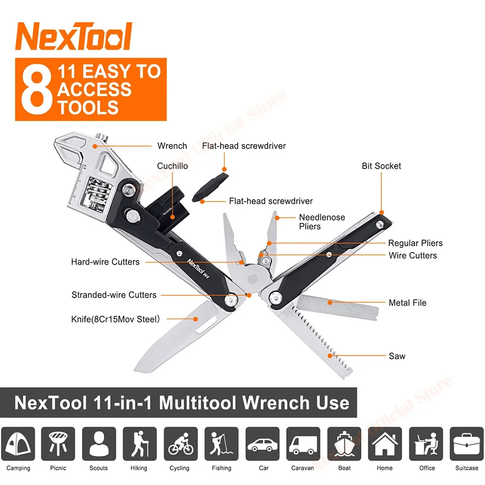 NexTool Multitool Wrench W4 11-In-1 Adjustable Wrench Pliers Folding Knife Hand Tools Screwdriver Wooding Saw Wood Working Tools