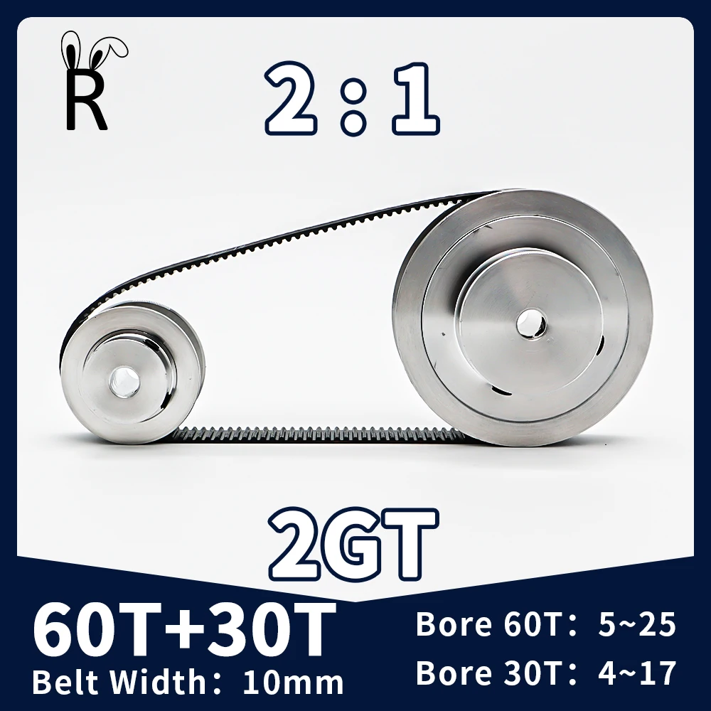 60T 30Teeth 2GT Pulley Belt Kit Belt Width 10mm Reduction 2:1 Bore 5~25mm 3D Printer Synchronous Wheels 2M GT2 Timing Pulley Set