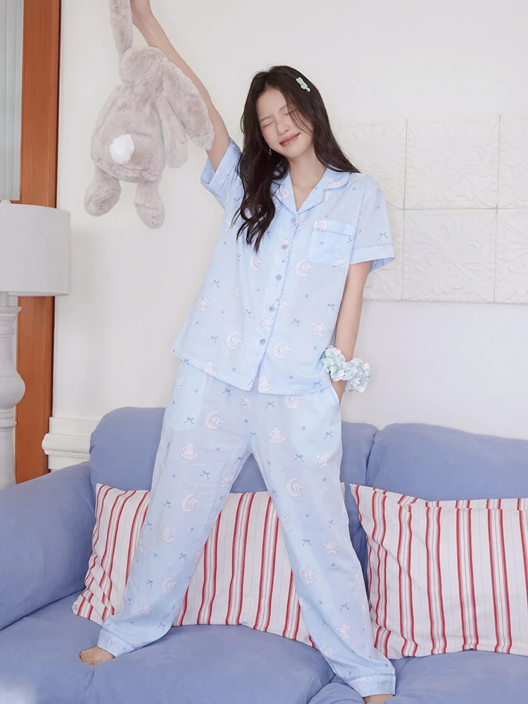 moon-elephant-casual-cotton-pajamas-short-sleeve-summer-home-clothes-set-for-women-comfortable-breathable-sleepwear