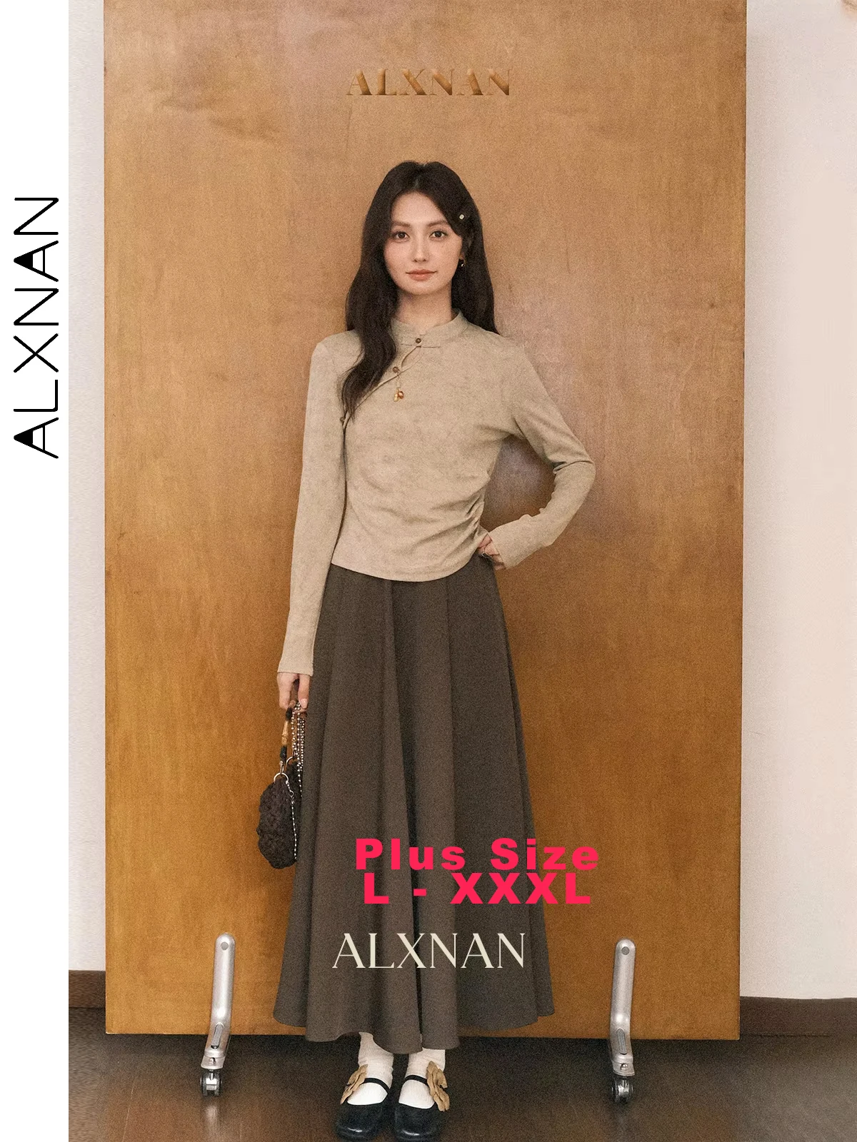 

ALXNAN Plus Size T-shirt Women's Cotton Long Sleeve T-shirts Autumn Chic Buckle Design Casual Elegant Tees Female D13153