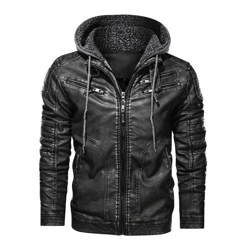 

Men's Thick and Warm Hooded PU Coat, Windproof Motorcycle Jacket, Versatile Business Punk Sports Leather Coat, High Quality, Win