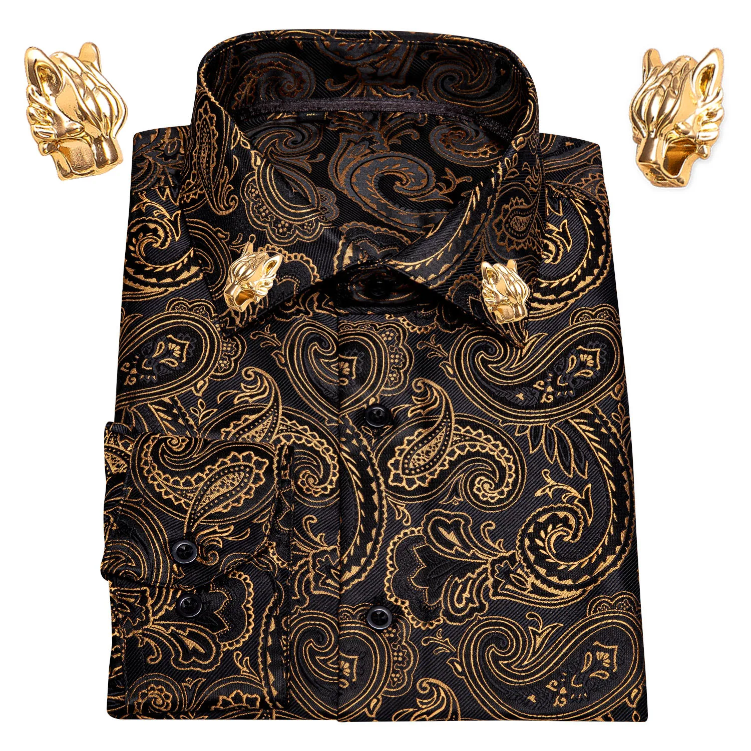 Gold Paisley Men Shirts Long Sleeve Casual Flower Shirts For Men Dress Shirts Designer Leopard Collar Pin