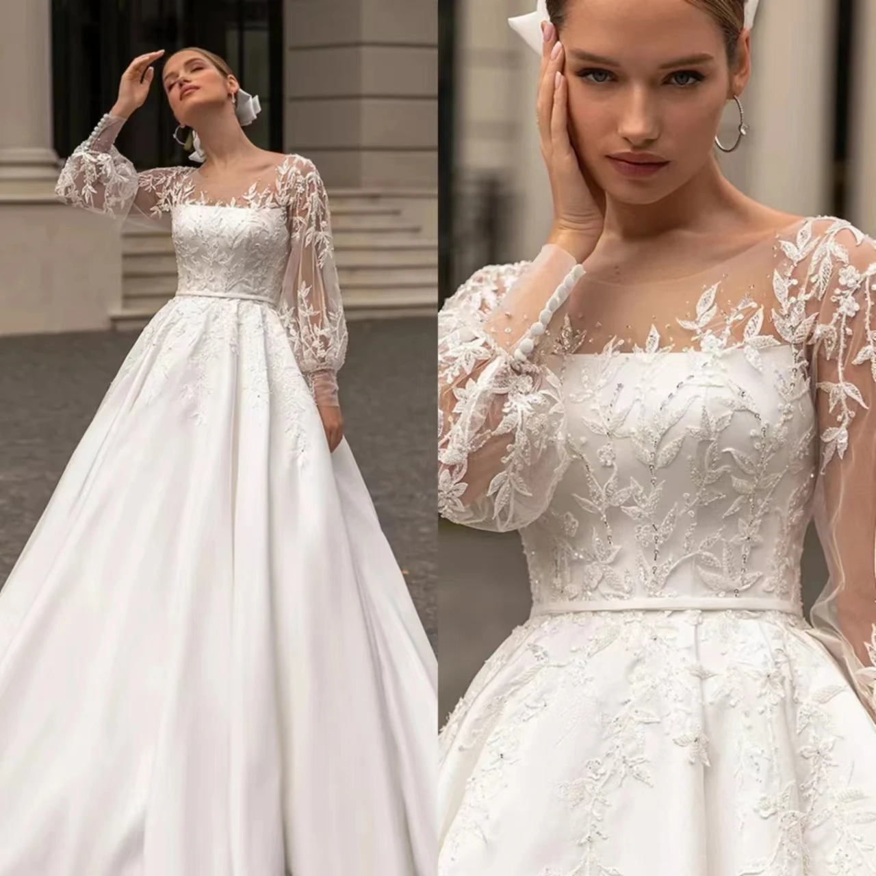 Classic A-Line Wedding Dress For Women Appliques Sequins O-Neck Bridal Gown Long Sleeves Skirt Sweep Train Dresses