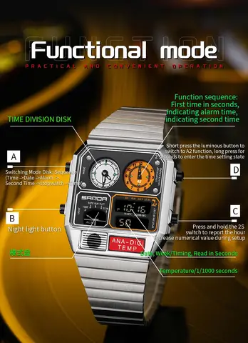SANDA 3192 Square Electronic Watch for Young Men, Casual Multifunctional Wristwatch with Thermometer, Stopwatch, Chronograph