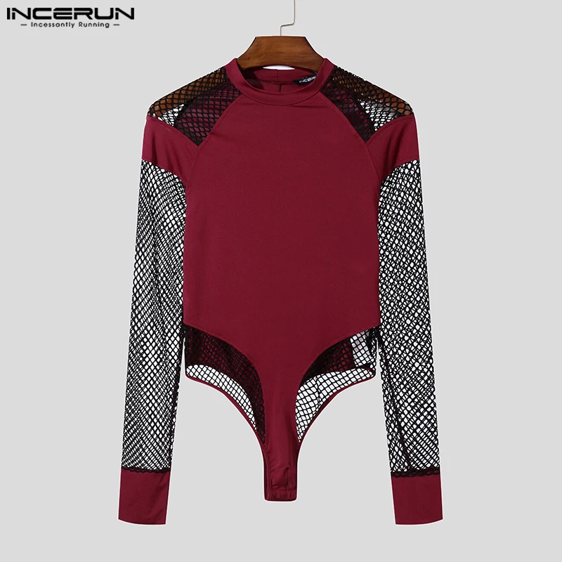 2026 Men Bodysuits Mesh Patchwork O-neck Casual Long Sleeve Bodysuit Sexy See Through Streetwear Male Rompers Playsuits INCERUN