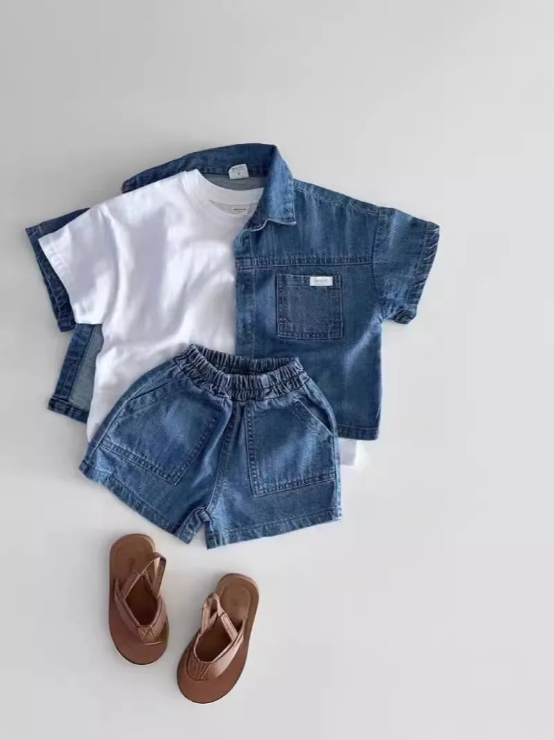 Conjunto jeans de manga curta para bebê, shorts e cardigã infantil, roupas versáteis e respiráveis para menino e menina, novo, verão, 2 peças, 2024