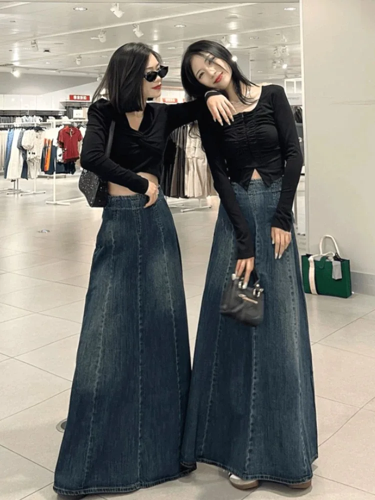 

Ретро-юбка А-силуэта с высокой талией, женская осенняя модель, уникальная джинсовая юбка с пэчворком, модная длинная юбка, омолаживающая образ