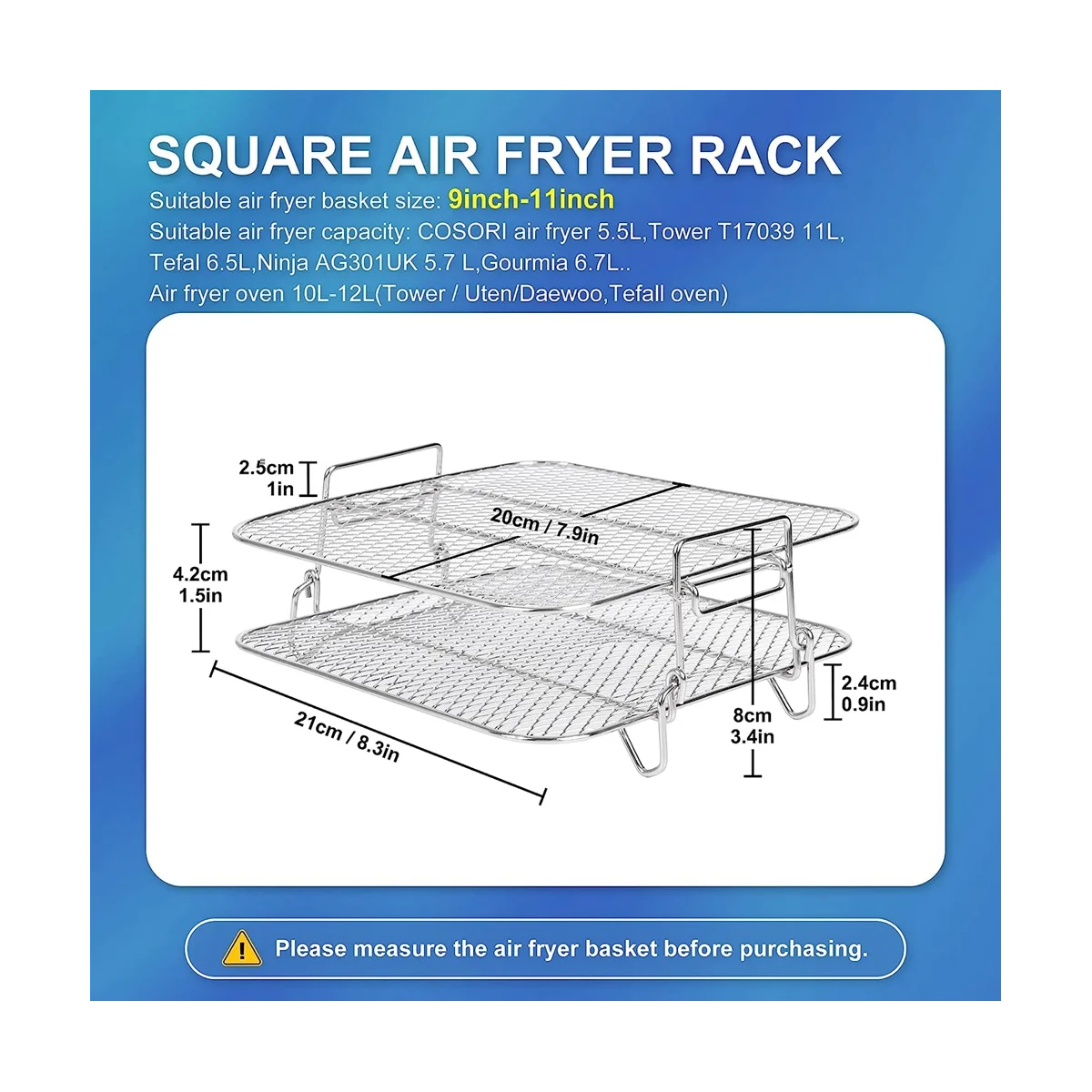 Air Fryer Rack for Cosori 5.5L Air Fryer, 2 Tier Air Fryer Grill/Shelf/Dehydrator Rack Square ,Air Fryer Accessories