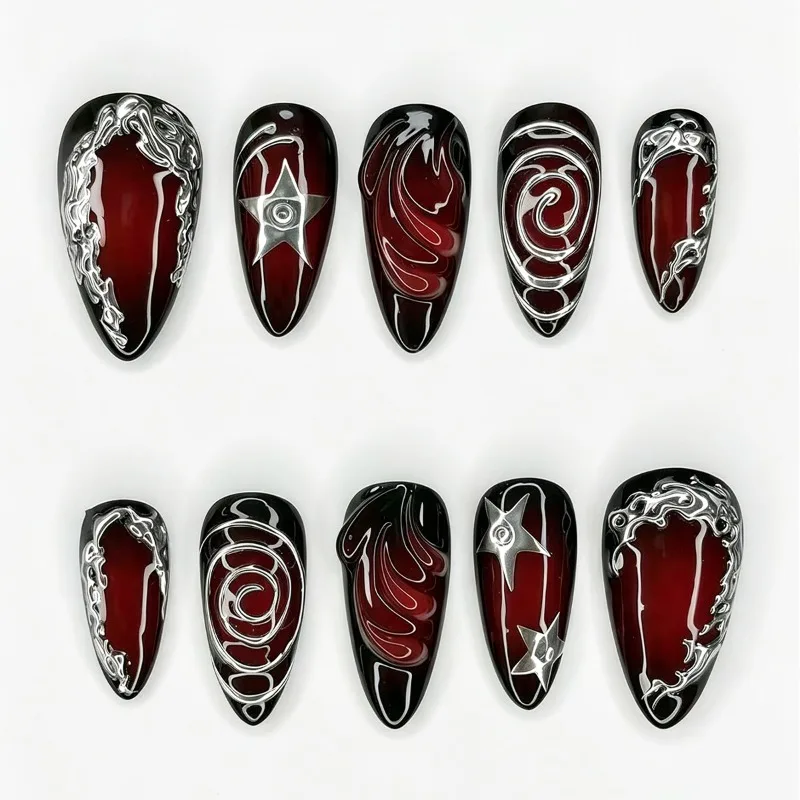 24PCS Sweet Cool Wine Red Almond Press on Nails Gothic Metallic Silver Star Swirl Patterns French False Nails Full Cover Tips