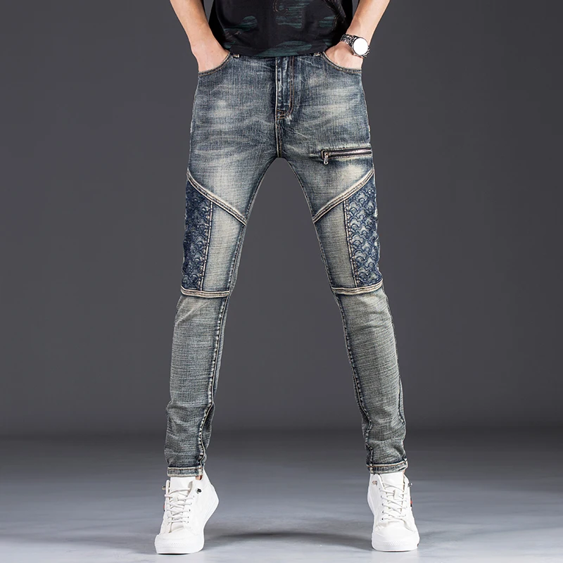 Men's Clothing Spring and Autumn Vintage Stitching Zipper Embroidery Jeans Midweight Stretch Slim Pants