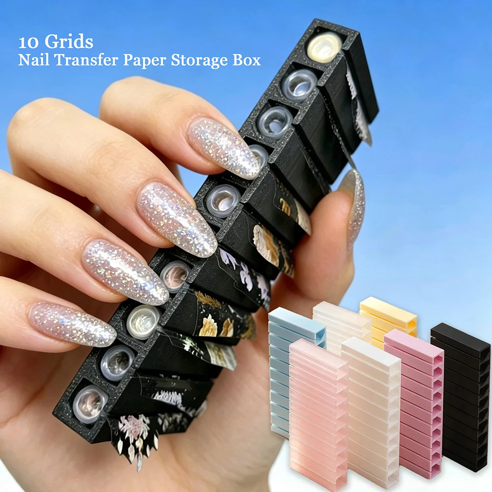 Caixa Organizadora Portátil com 10 Compartimentos para Papel de Transferência de Unhas, Adesivos e Decalques de Nail Art, Impressão 3D, para Mesa, Prateleira, Casa e Salão