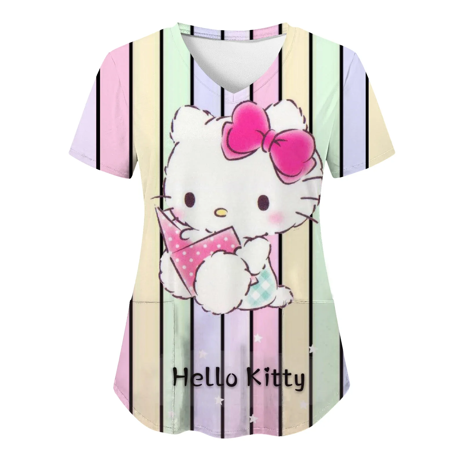 Summer Hello Kitty V Neck Working  Clothes Hospital T-shirt Top Womens 2024 Tops Women's T-shirts Pocket Tops Nurse Uniform