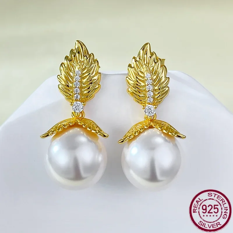 

925 Silver French Vintage Style Pearl Earrings 12mm Gold Leaves Elegant Fashion Style Women's Wedding Jewel