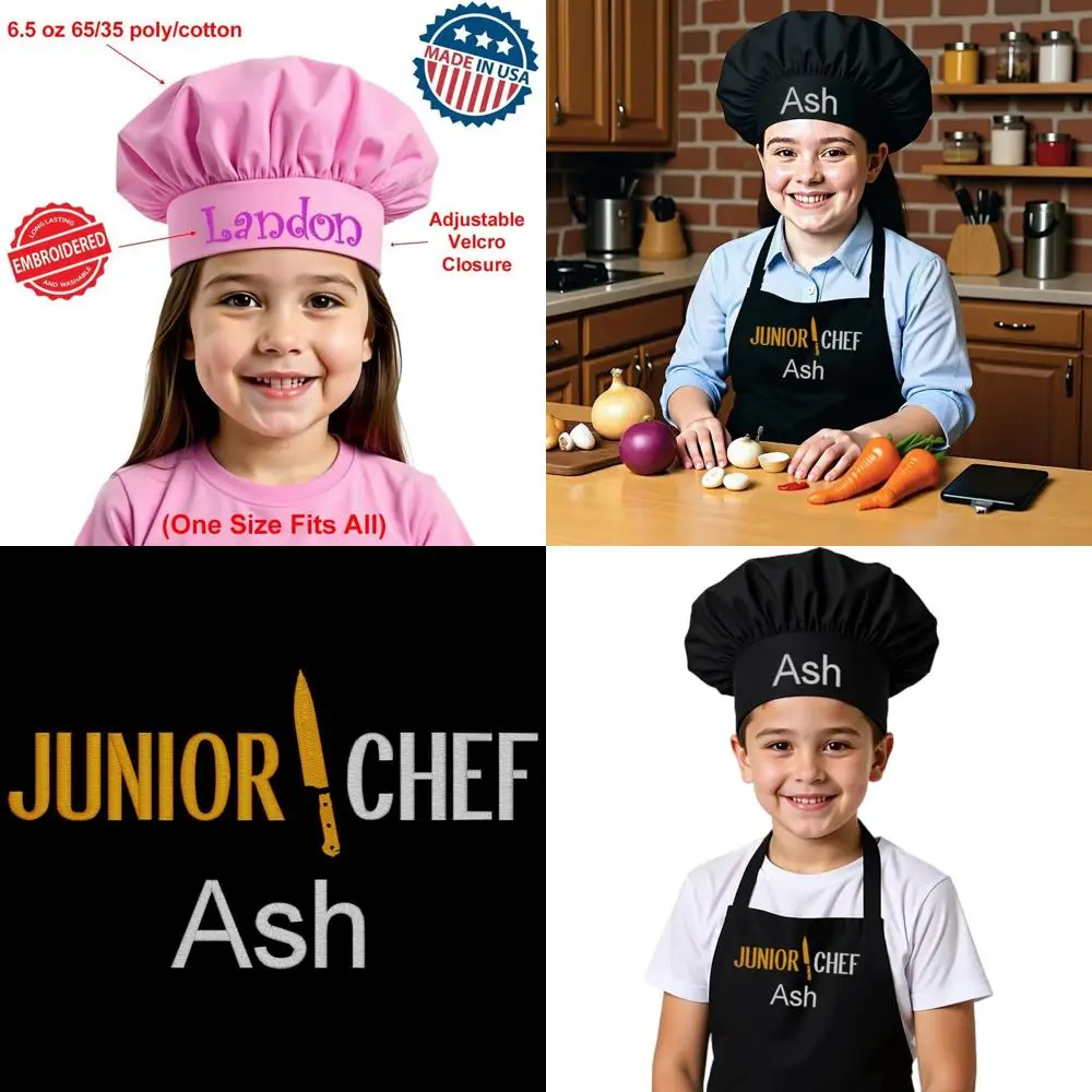 

Набор: Детский фартук и поварская шапка с вышивкой на заказ для игр на кухне (унисекс, удлиненный фартук с шапкой)