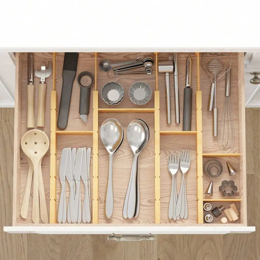 Bamboo Drawer Separators With Inserts And Labels, Kitchen Adjustable Drawer Organizers, Expandable Organization For Home And Office, Dresser Dividers With 9 Inserts (17-22 In) Back To School Dormitory Storage view 3