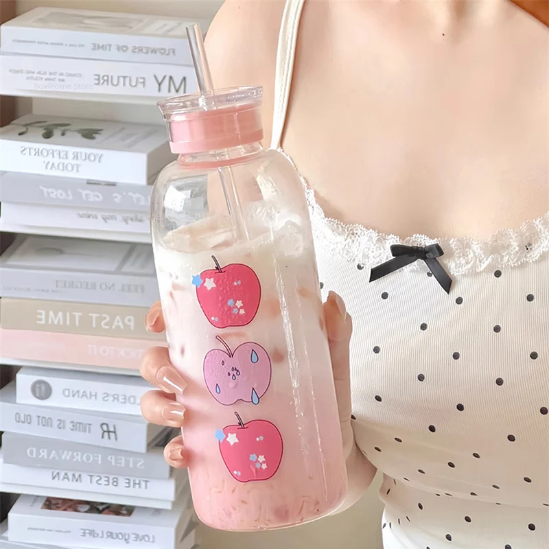 

Kawaii Glass Straw Water Bottles For Girls Transparent Glass School Leakproof Heat Resistant Juice Milk Tea Drinkware Water Cup