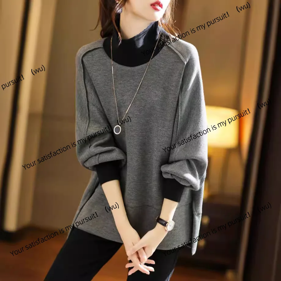 

European station casual simple splicing design sense air layer contrasting color thin turtleneck sweater tide