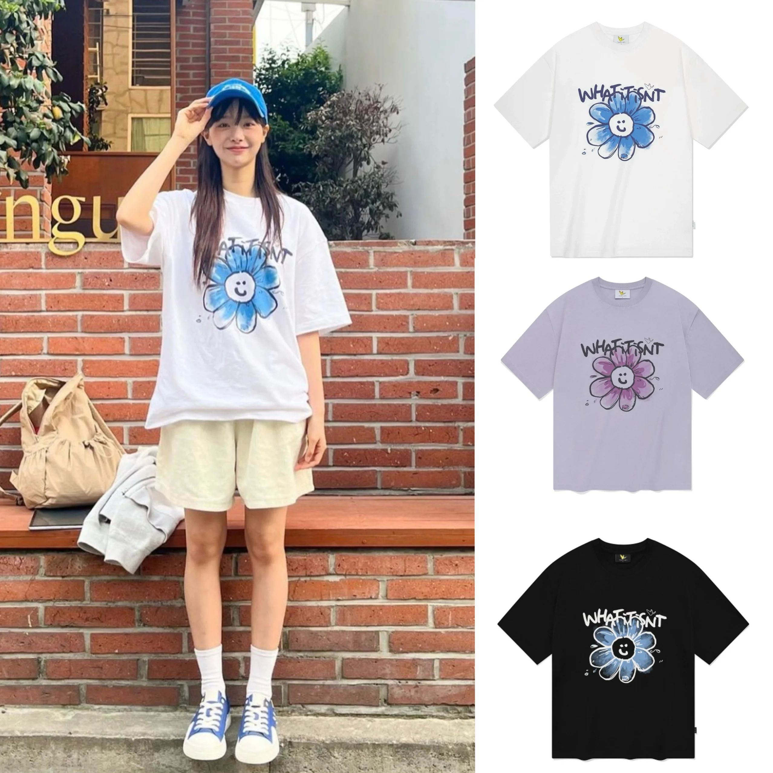 

Cute Flower Print Loose Short Sleeve T-Shirt Couple Matching Men Women Casual Cotton Summer Top for Young Adults
