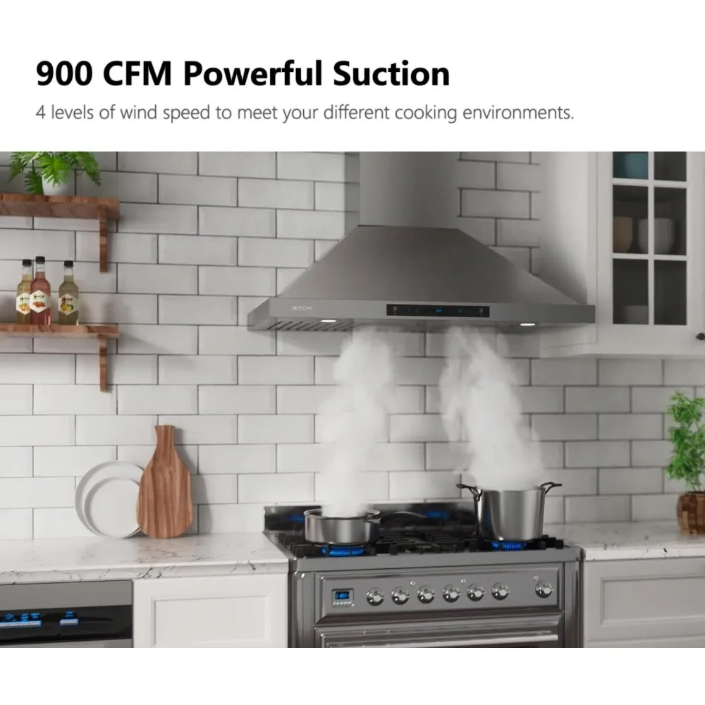 30-inch Wall Mount Range Hood 900 CFM Ducted/Ductless Convertible, dapur cerobong asap Stainless Steel dengan gerakan penginderaan