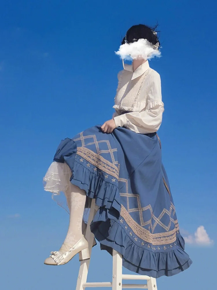 Sweet and Elegant Lady Lolita High Waist Skirt Sets Women Outfits Lolita Pointed Neck Ruffled Bubble Sleeves White Shirt image 5